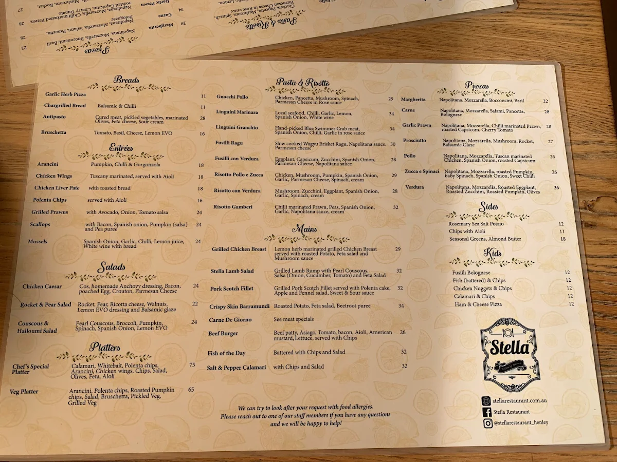 Menu, Stella Restaurant