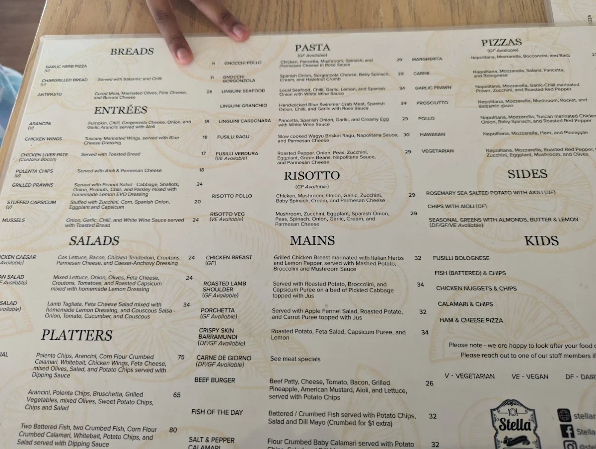 Menu, Stella Restaurant