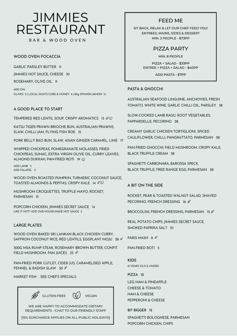Menu, Jimmies Restaurant