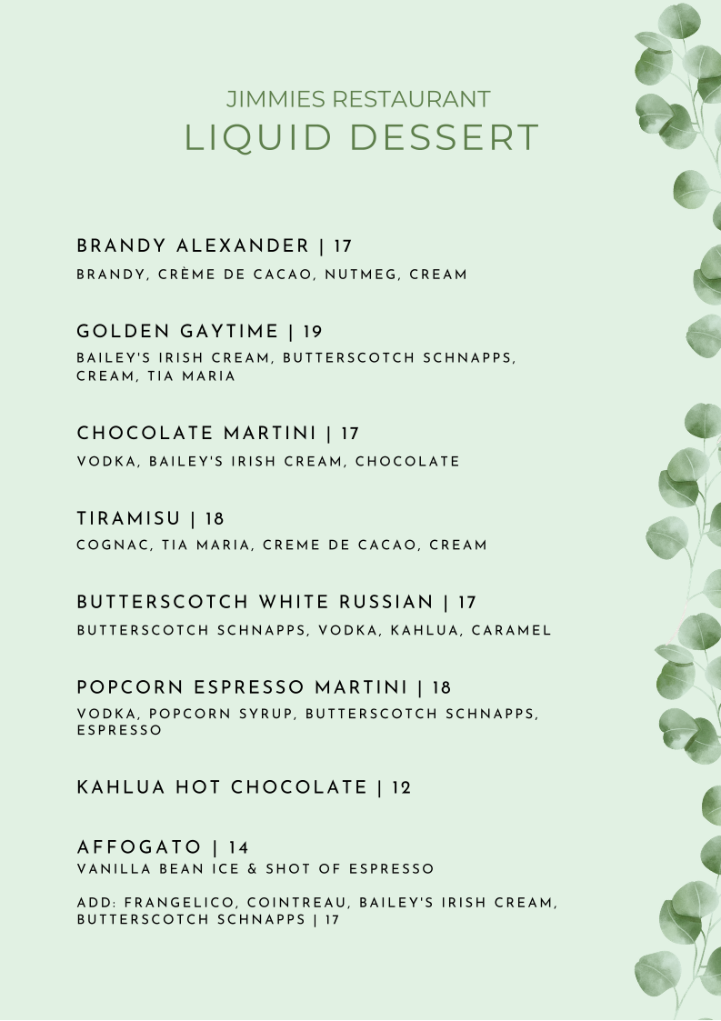 Menu, Jimmies Restaurant