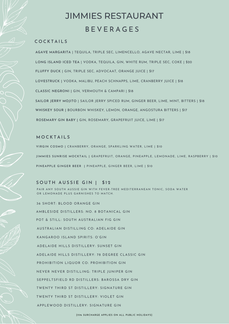 Menu, Jimmies Restaurant