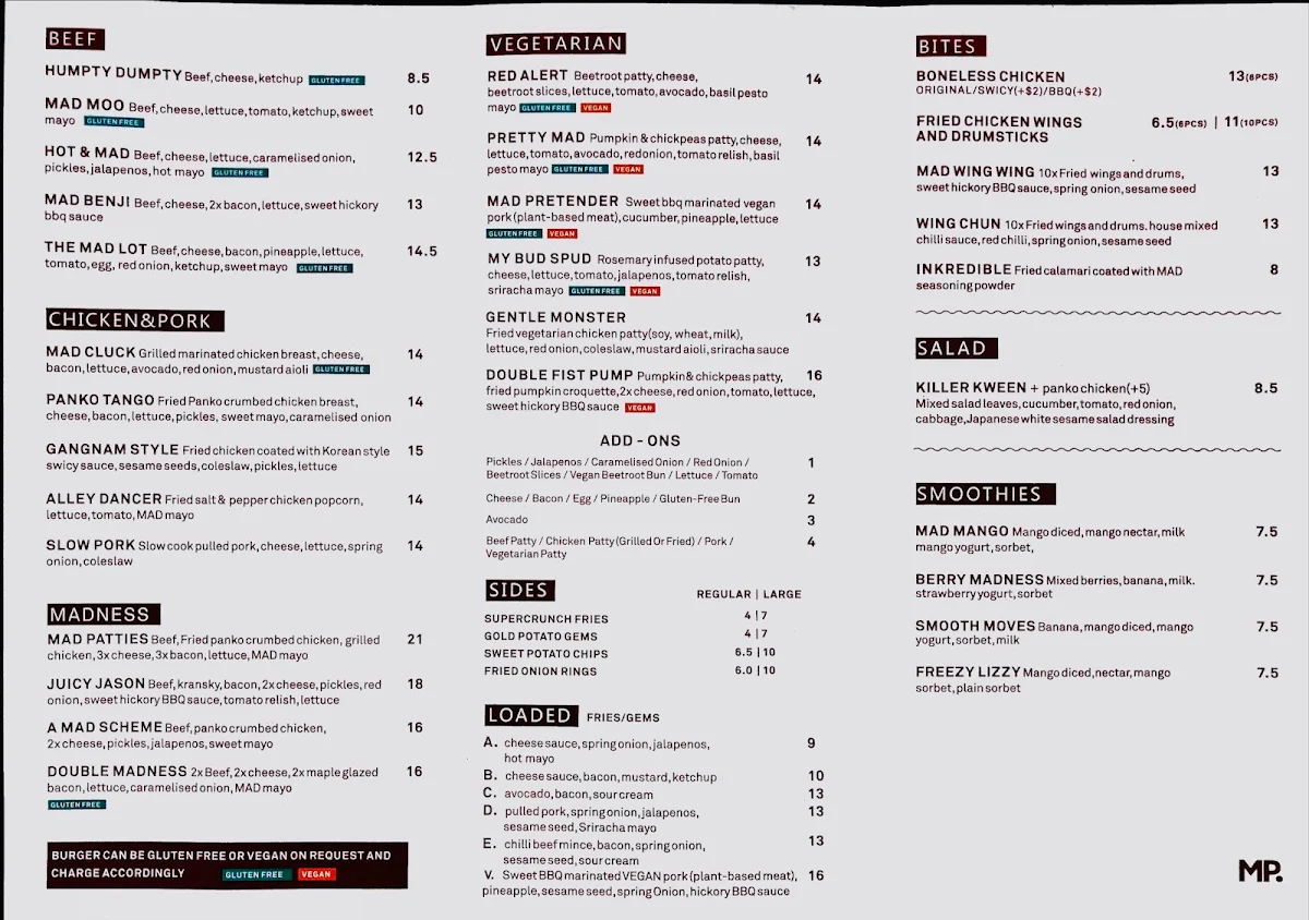 Menu, Mad Patties Wheelers Hill