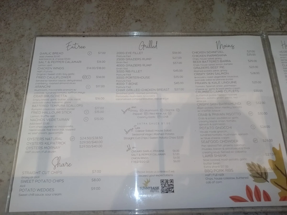 Menu, Sunnybank Hotel