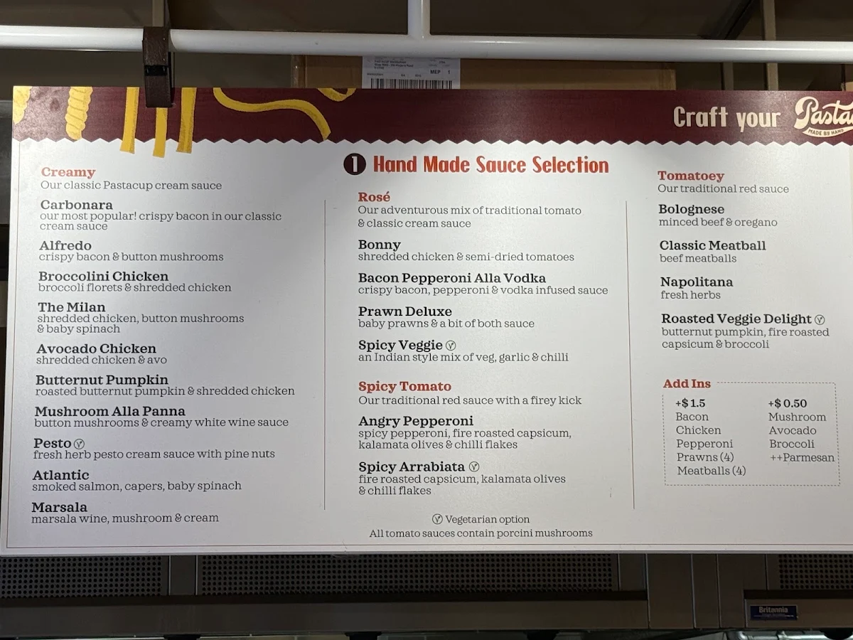 Menu, Pastacup Mandurah