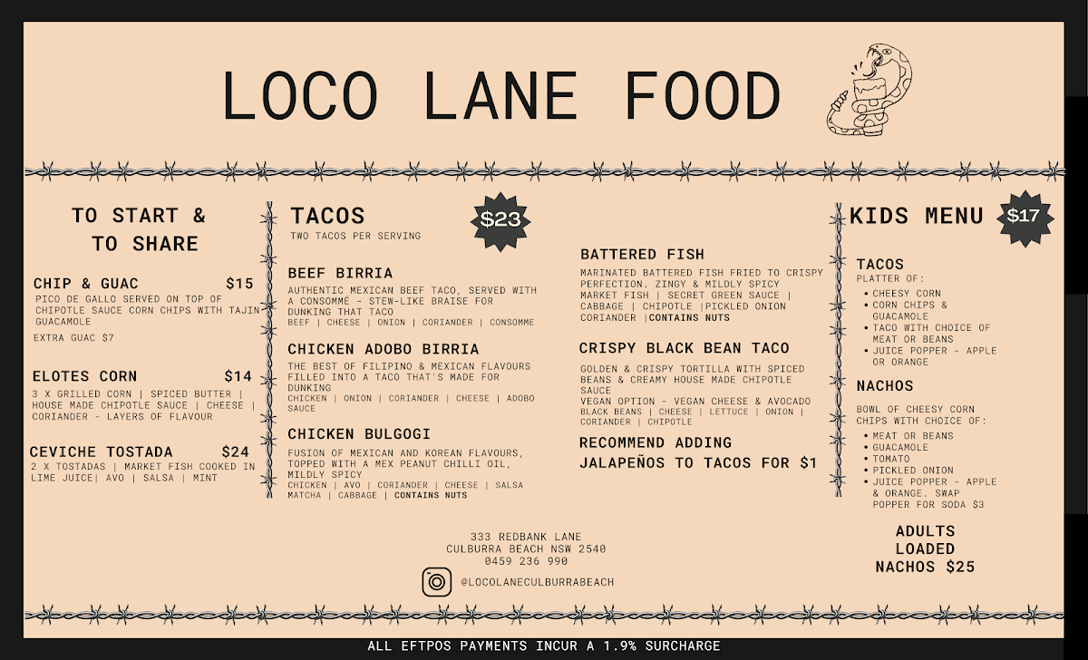 Menu, Loco Lane Mexican Cantina & Cocktail Bar Culburra Beach