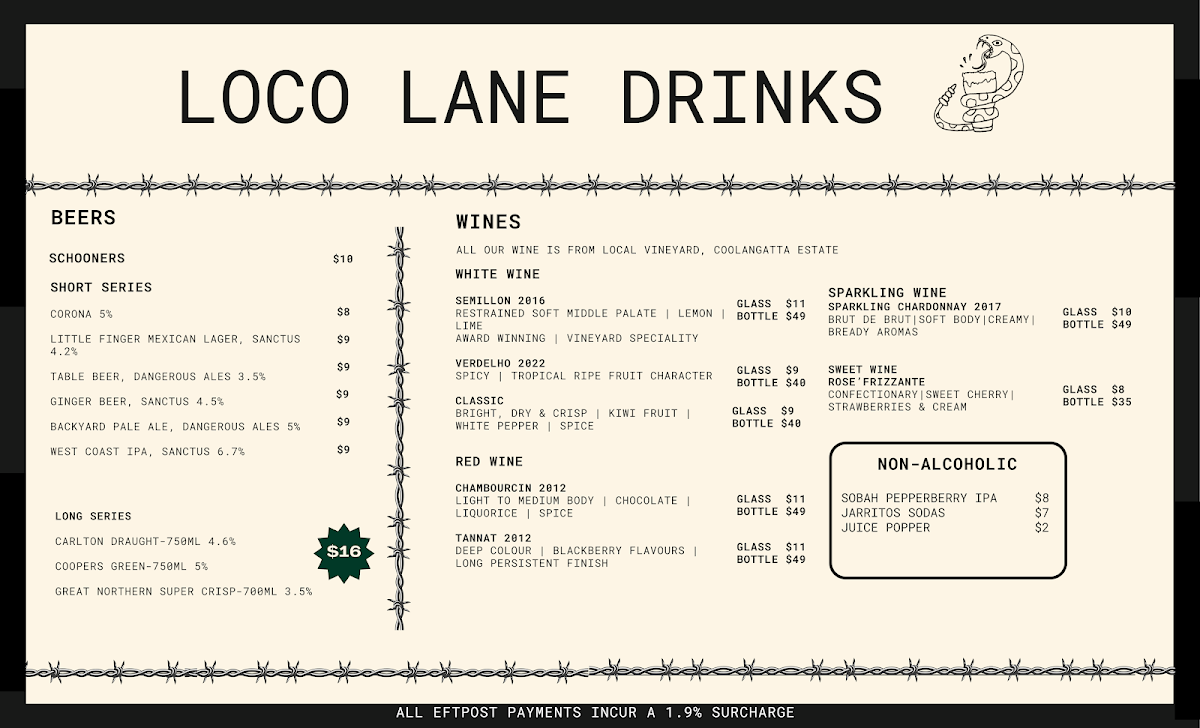 Menu, Loco Lane Mexican Cantina & Cocktail Bar Culburra Beach
