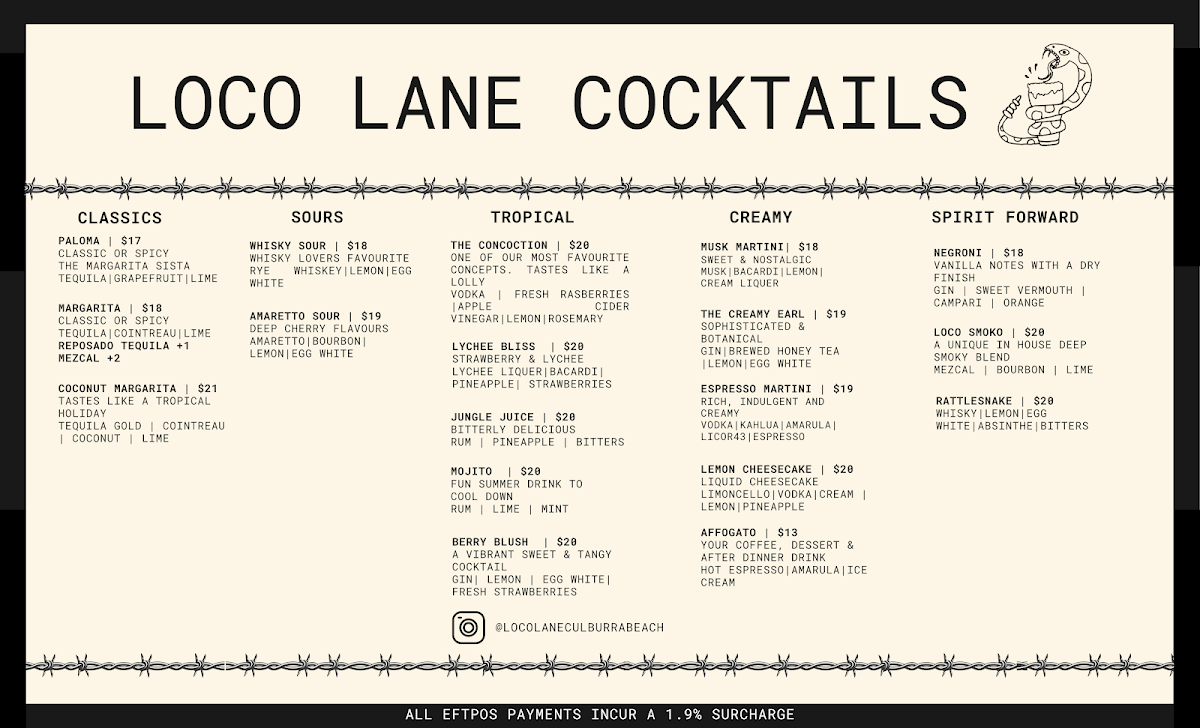 Menu, Loco Lane Mexican Cantina & Cocktail Bar Culburra Beach