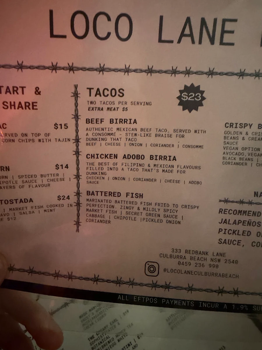 Menu, Loco Lane Mexican Cantina & Cocktail Bar Culburra Beach