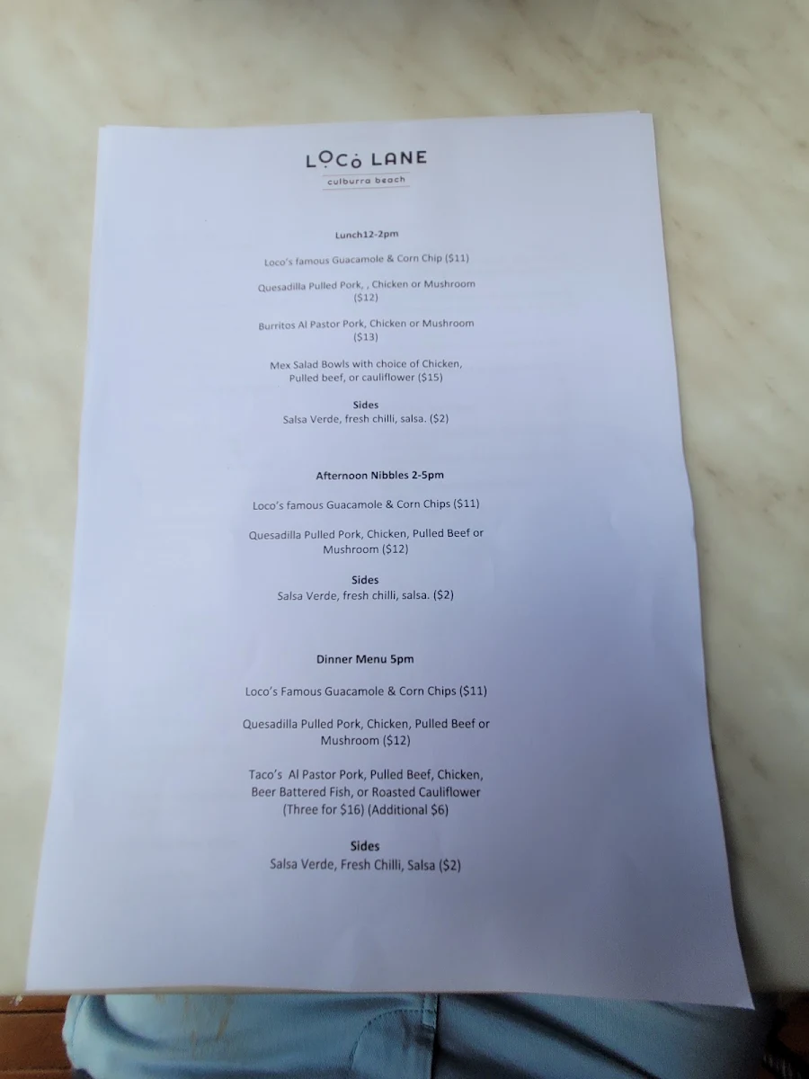 Menu, Loco Lane Mexican Cantina & Cocktail Bar Culburra Beach