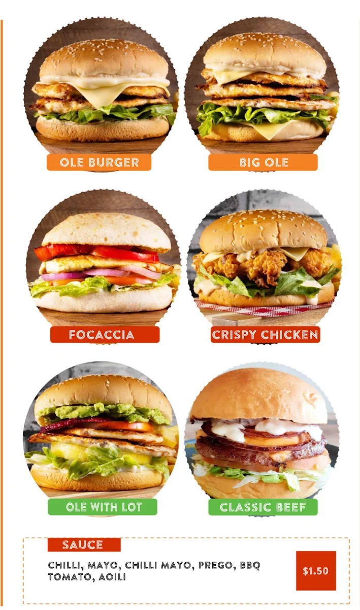 Menu, Ole Burgers Matraville