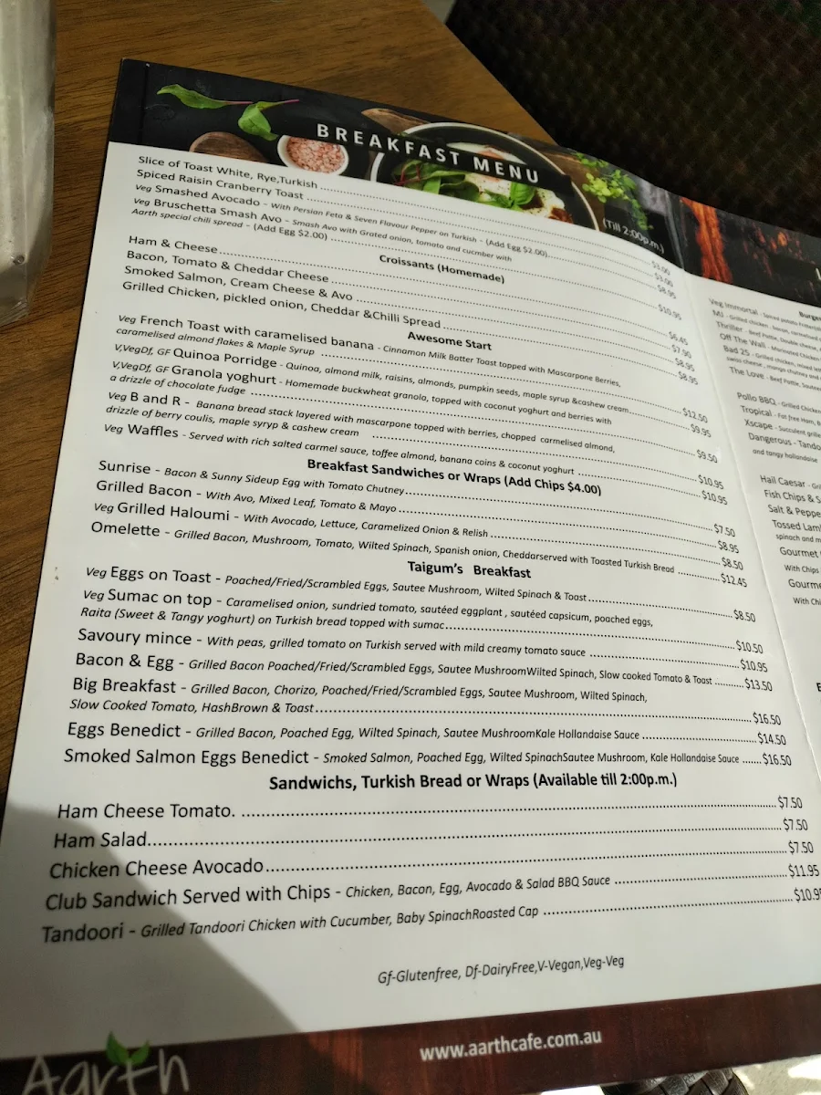 Menu, Aarth Cafe