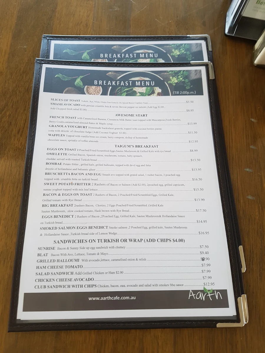 Menu, Aarth Cafe