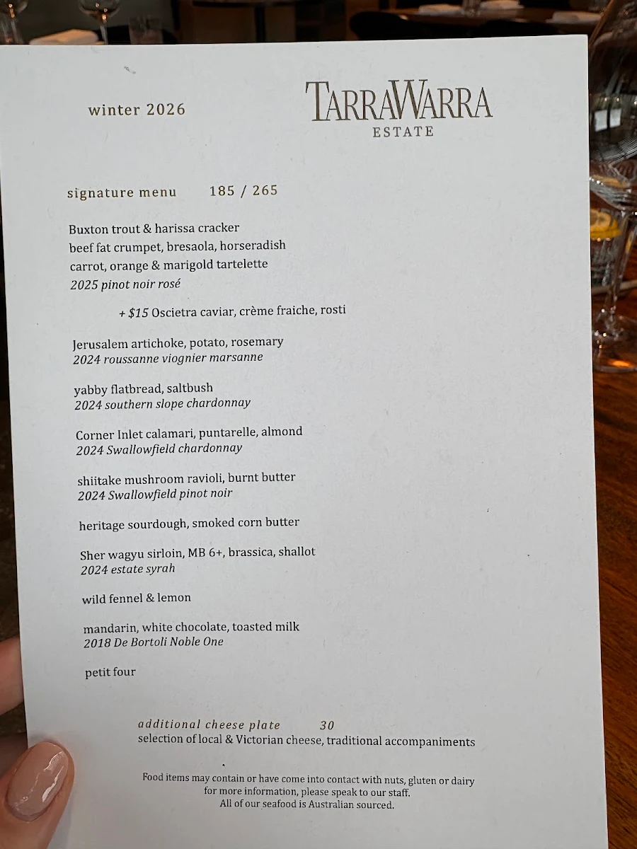 Menu, TarraWarra Yarra Valley Winery, Restaurant & Cellar Door
