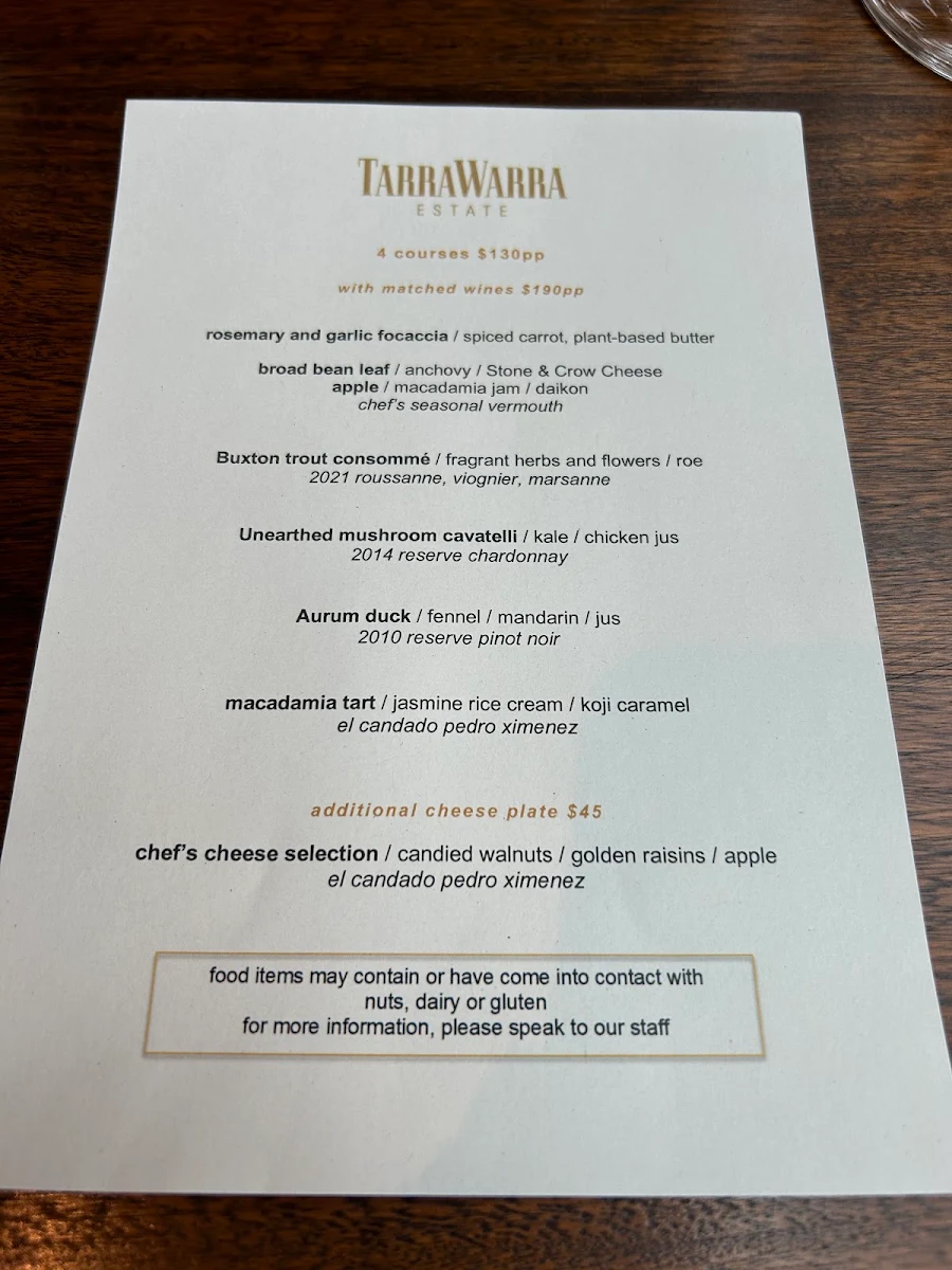 Menu, TarraWarra Yarra Valley Winery, Restaurant & Cellar Door