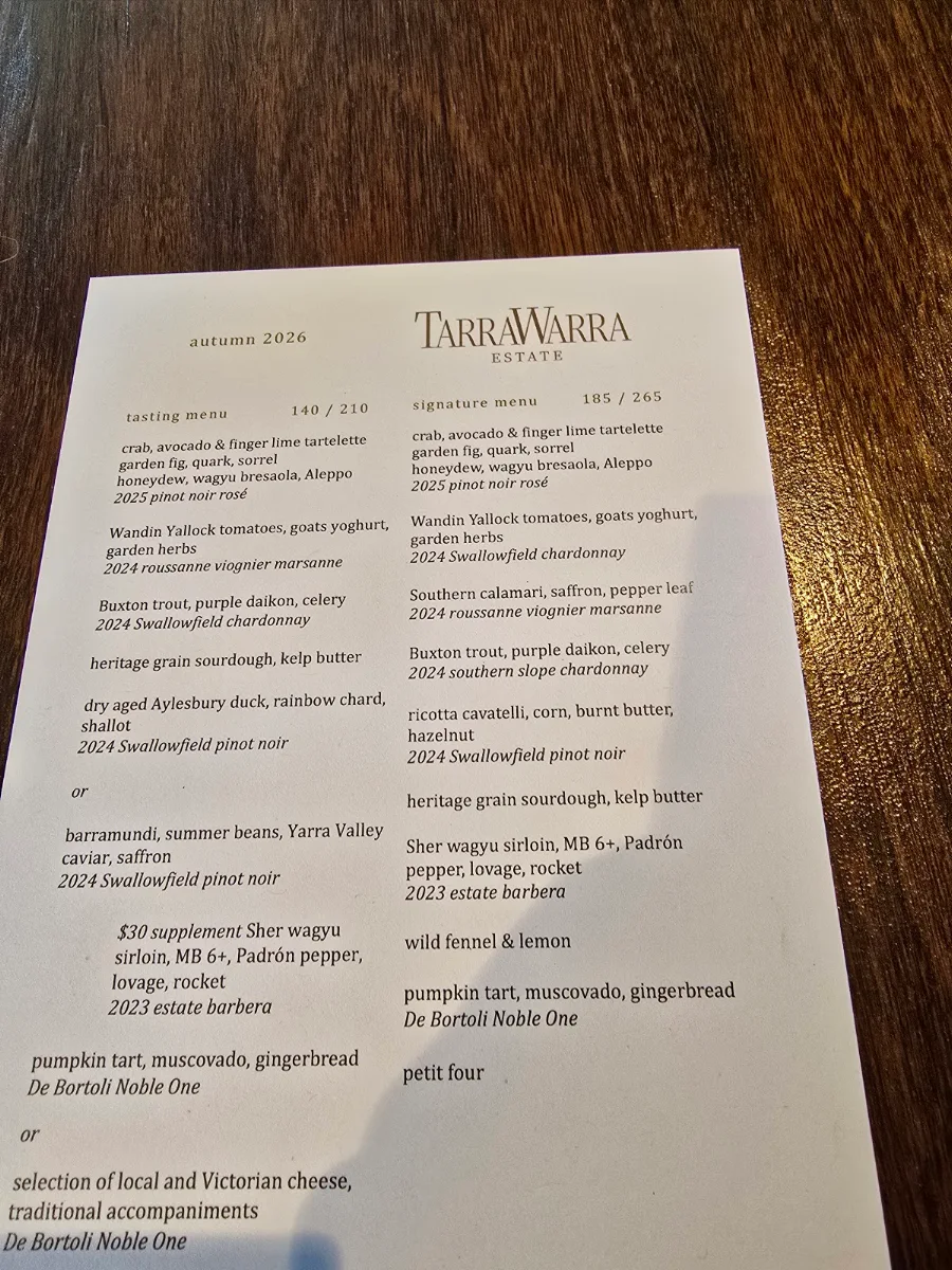 Menu, TarraWarra Yarra Valley Winery, Restaurant & Cellar Door