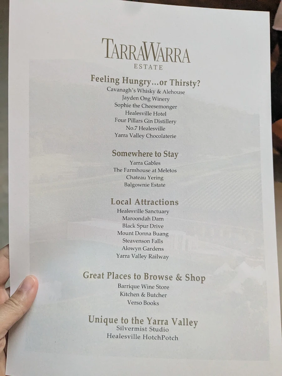 Menu, TarraWarra Yarra Valley Winery, Restaurant & Cellar Door