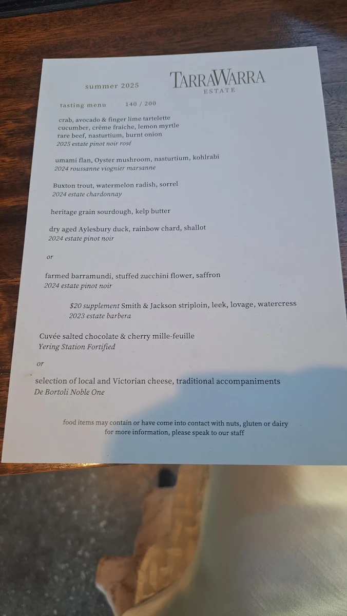 Menu, TarraWarra Yarra Valley Winery, Restaurant & Cellar Door