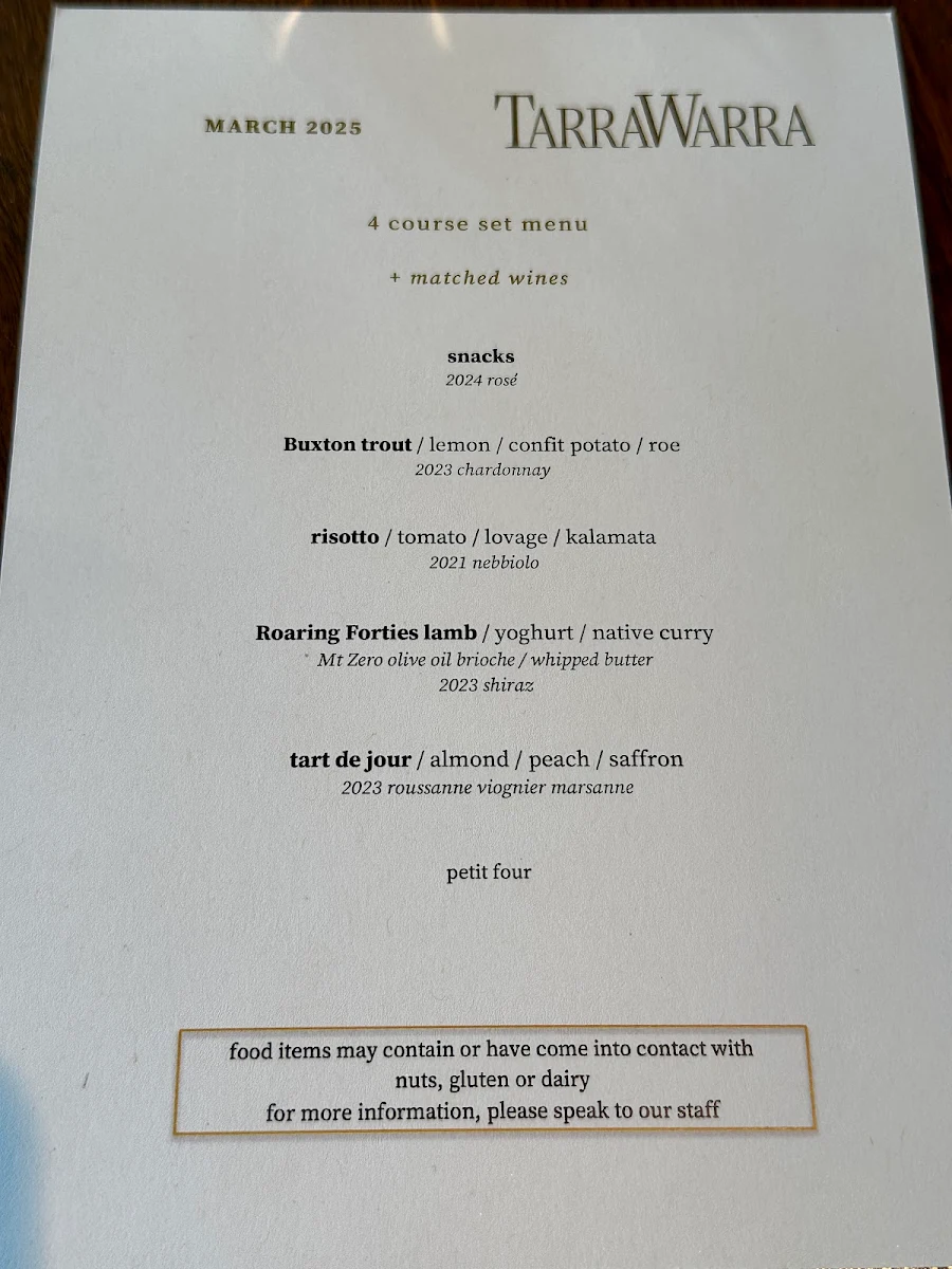 Menu, TarraWarra Yarra Valley Winery, Restaurant & Cellar Door