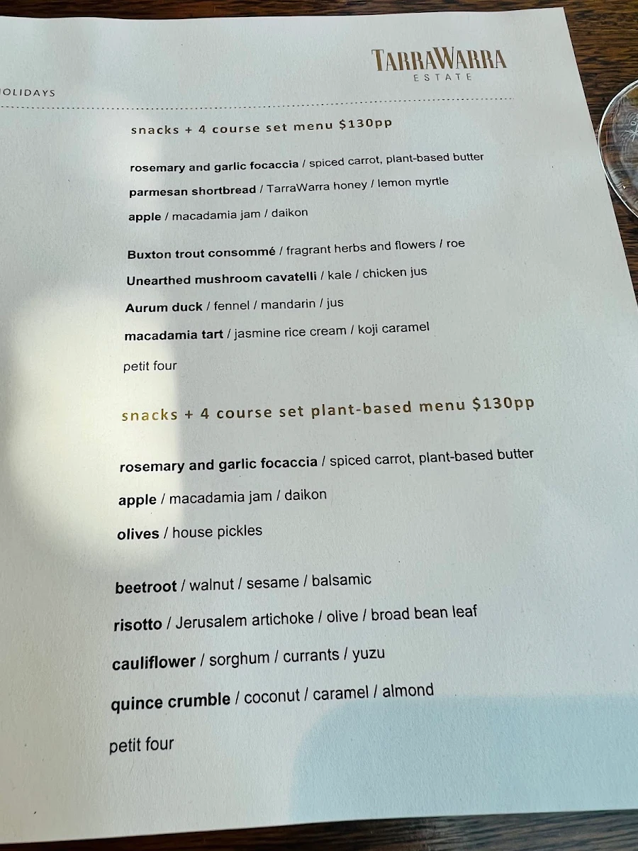 Menu, TarraWarra Yarra Valley Winery, Restaurant & Cellar Door