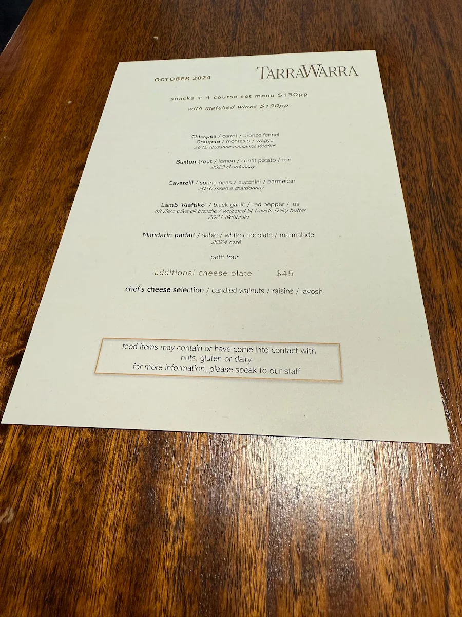 Menu, TarraWarra Yarra Valley Winery, Restaurant & Cellar Door