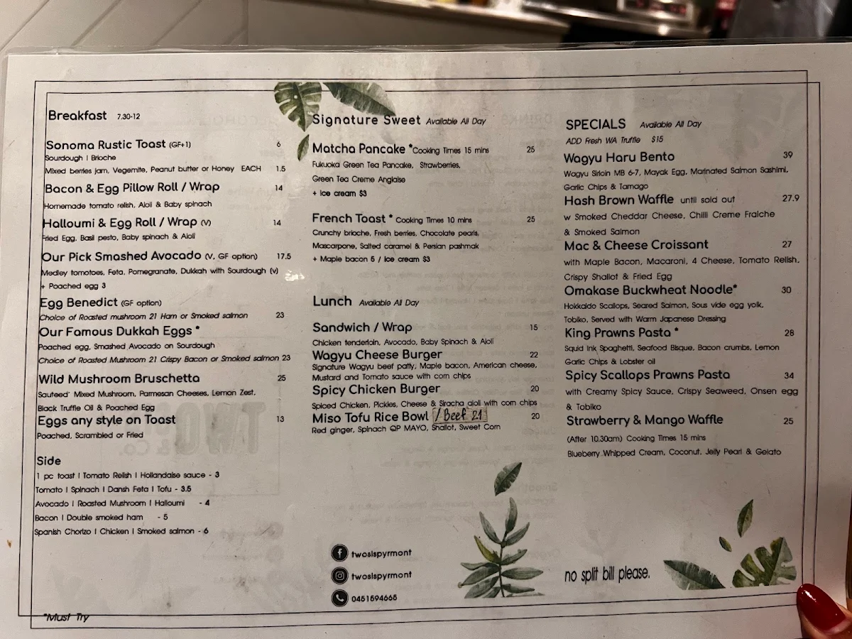 Menu, two sis & co