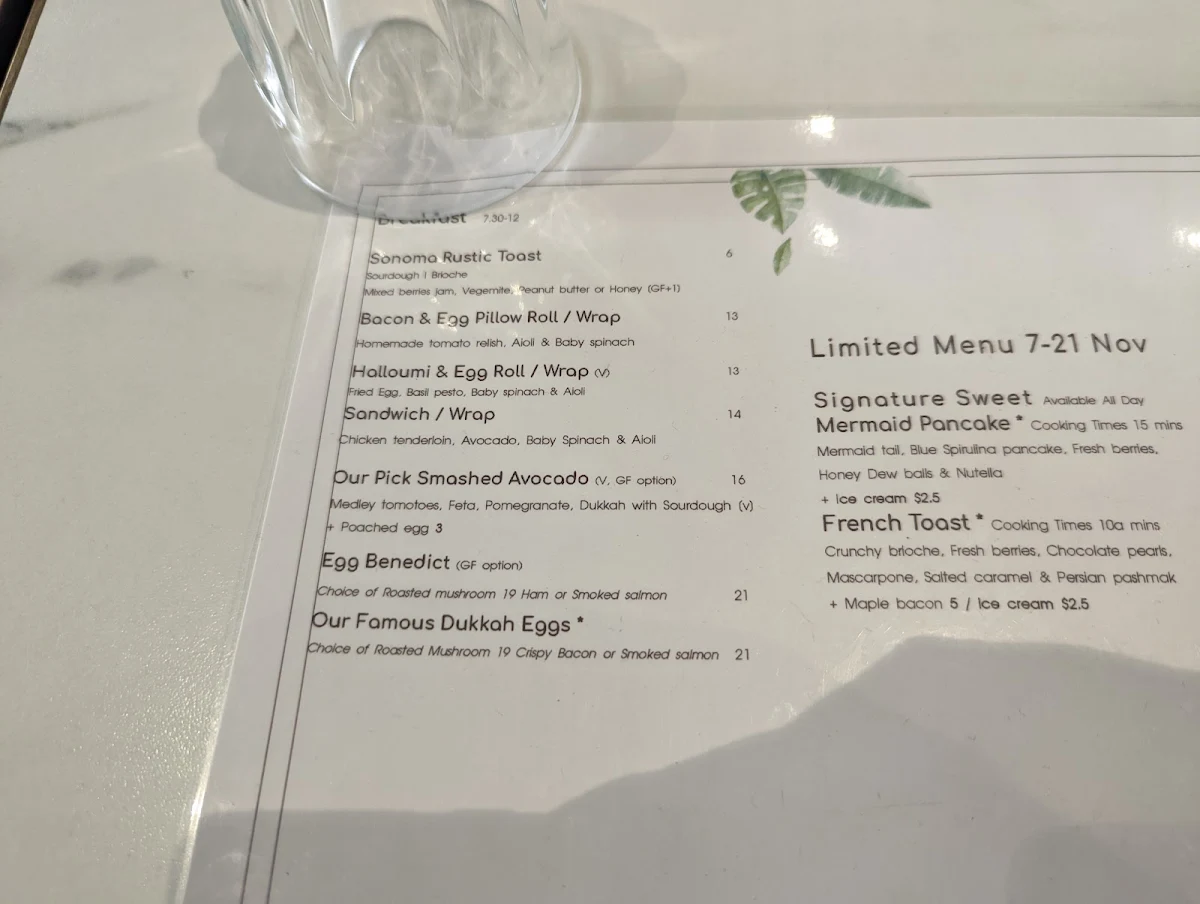 Menu, two sis & co