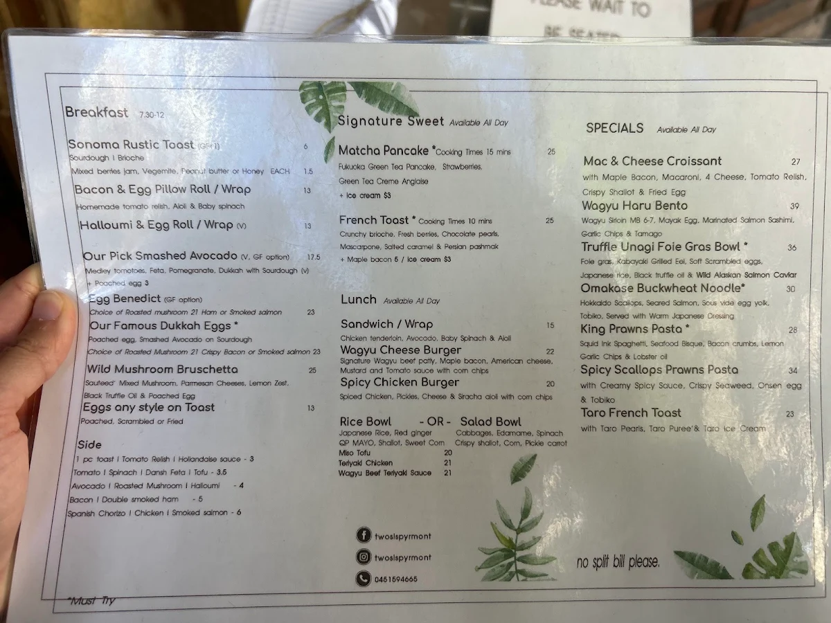Menu, two sis & co