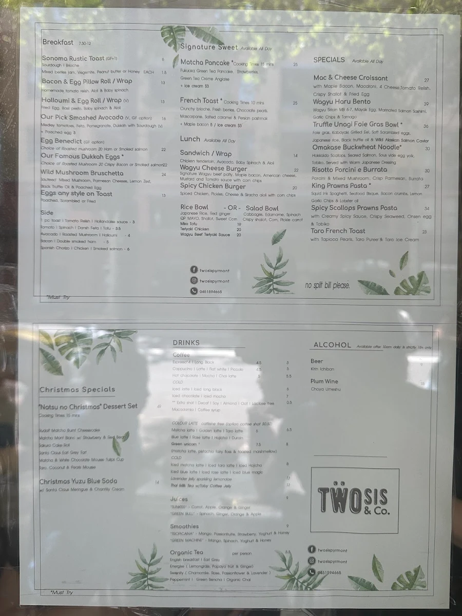 Menu, two sis & co