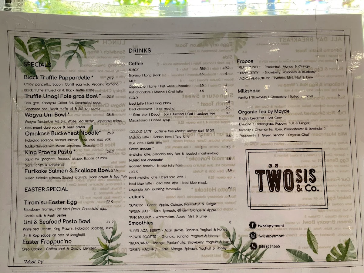 Menu, two sis & co