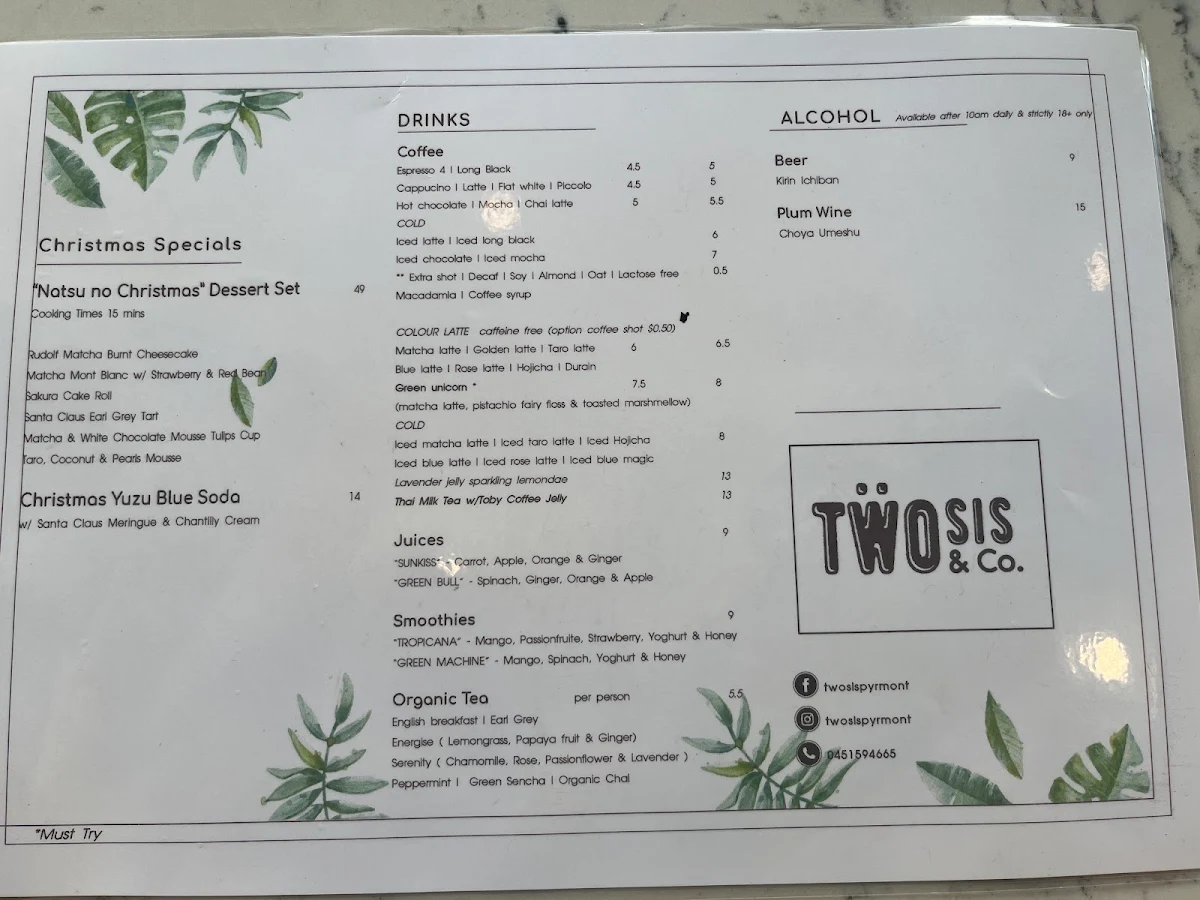 Menu, two sis & co