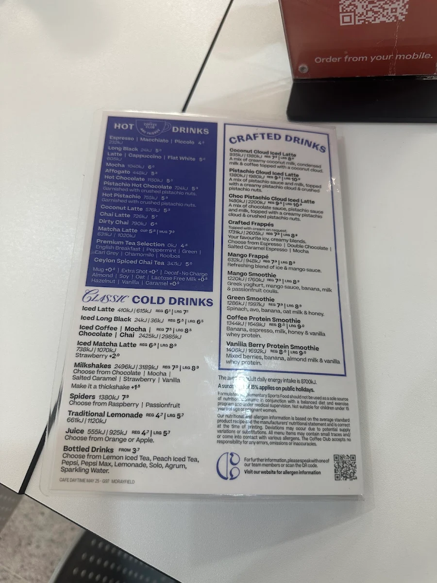 Menu, The Coffee Club Morayfield Shopping Centre