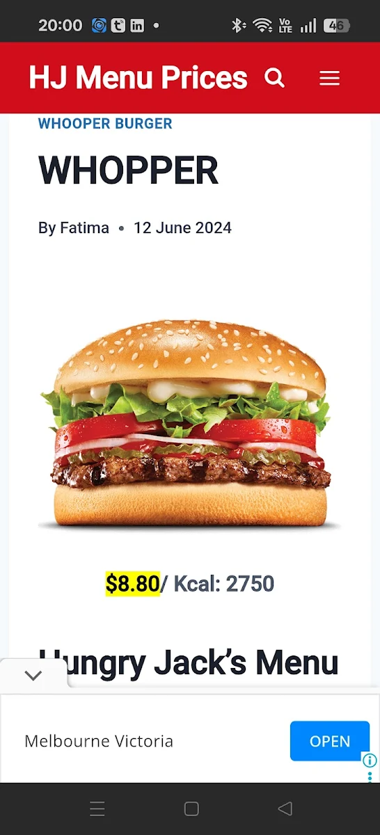 Menu, Hungry Jack's Burgers Watergardens