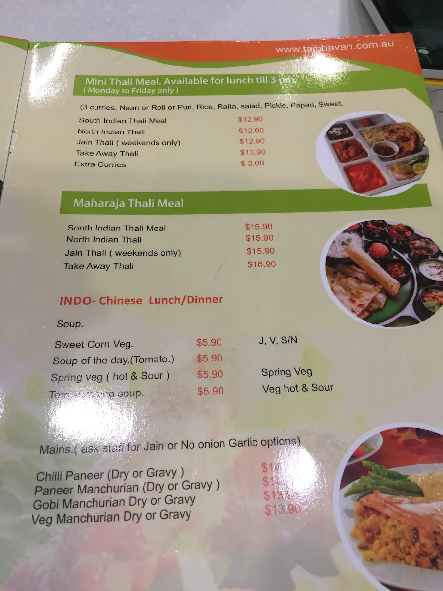 Menu, Taj Indian Sweets & Restaurant