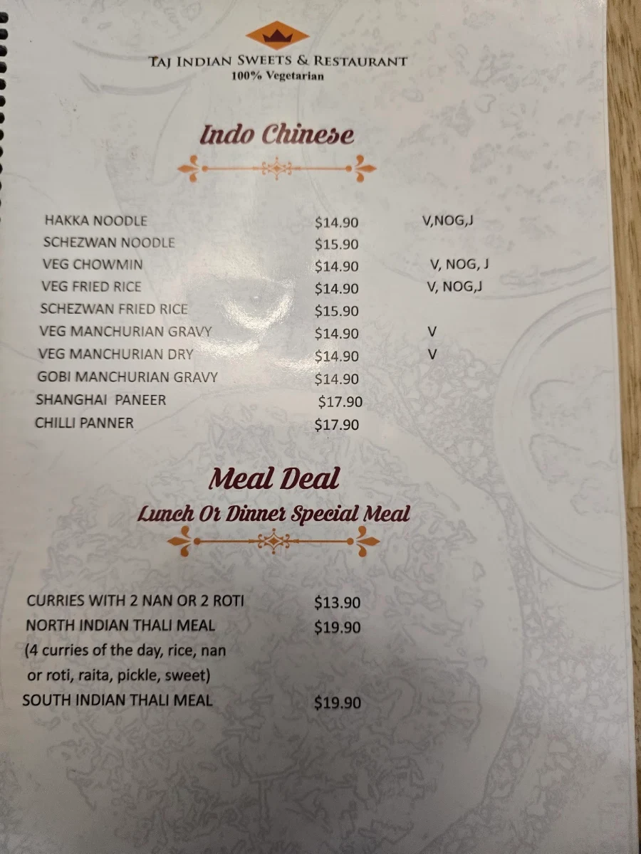 Menu, Taj Indian Sweets & Restaurant