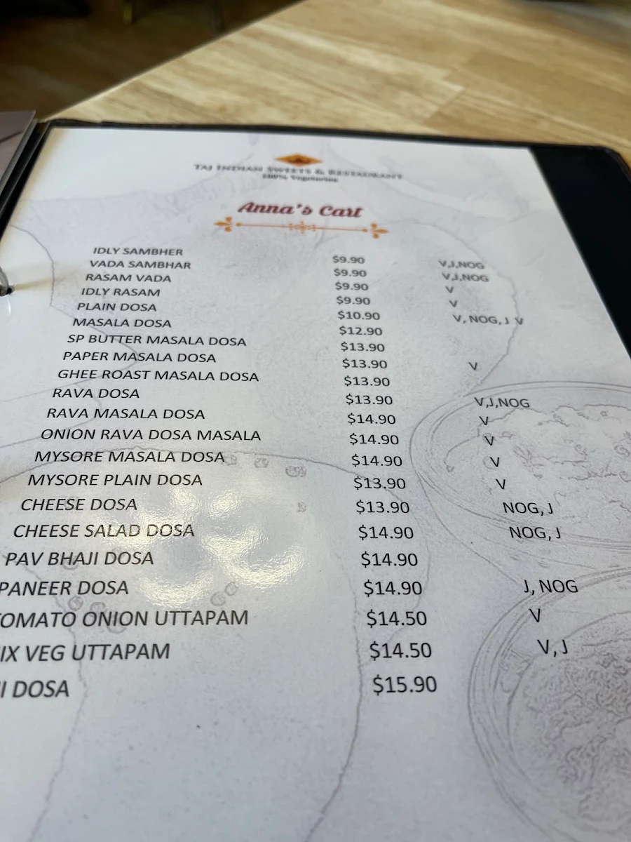 Menu, Taj Indian Sweets & Restaurant