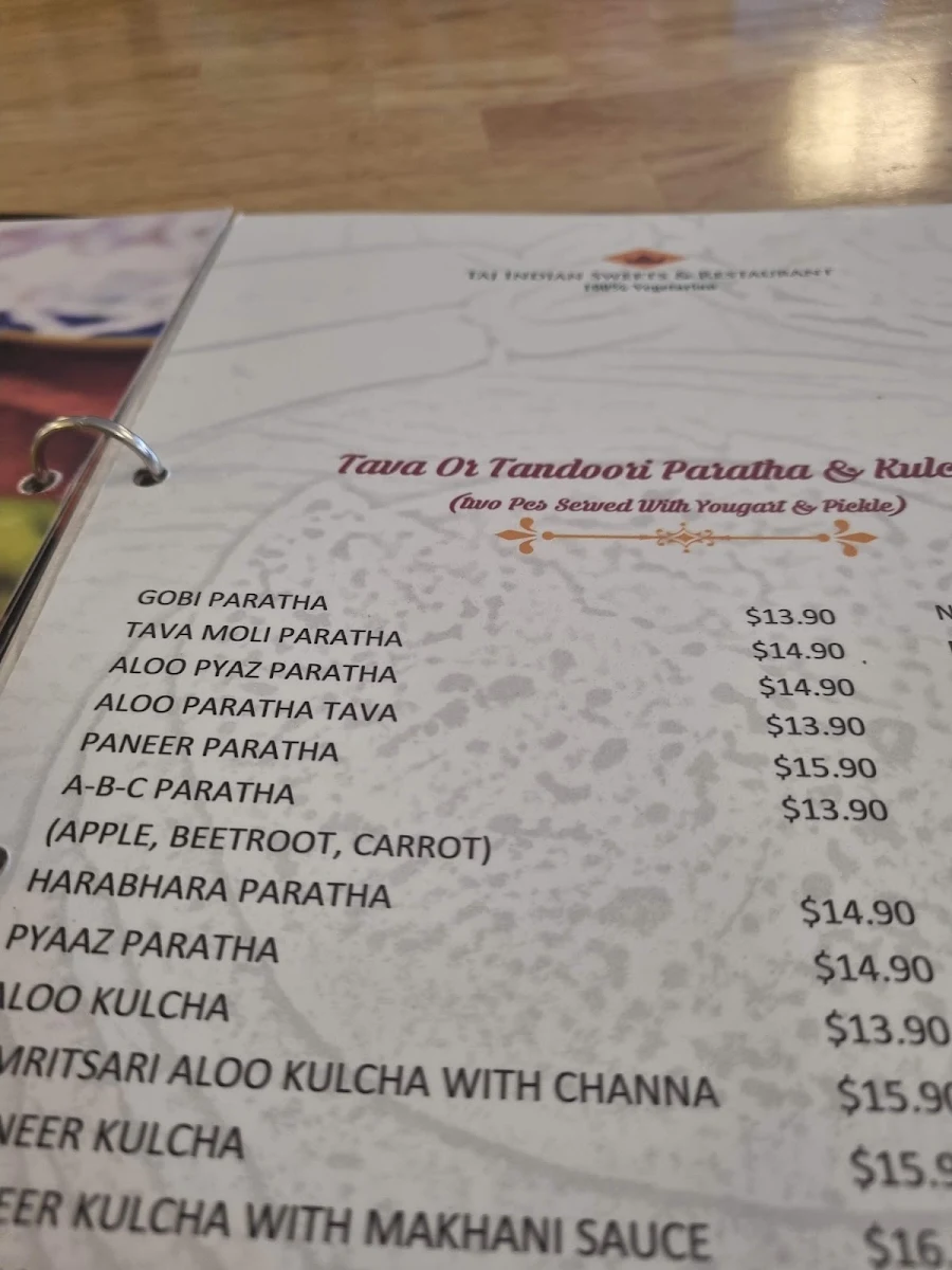 Menu, Taj Indian Sweets & Restaurant