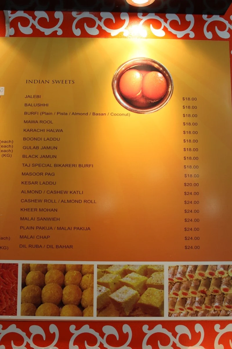 Menu, Taj Indian Sweets & Restaurant