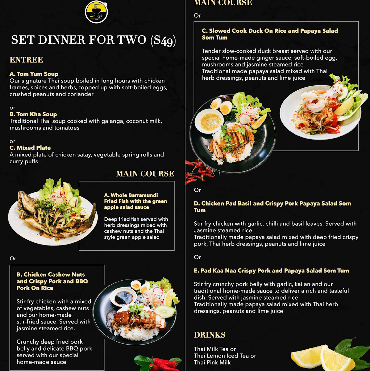 Menu, Sen Lek Thai Restaurant