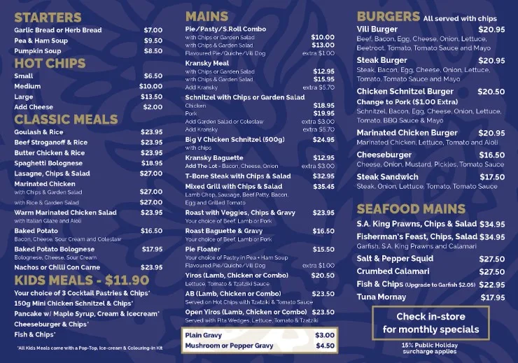 Menu, Café De Vili's
