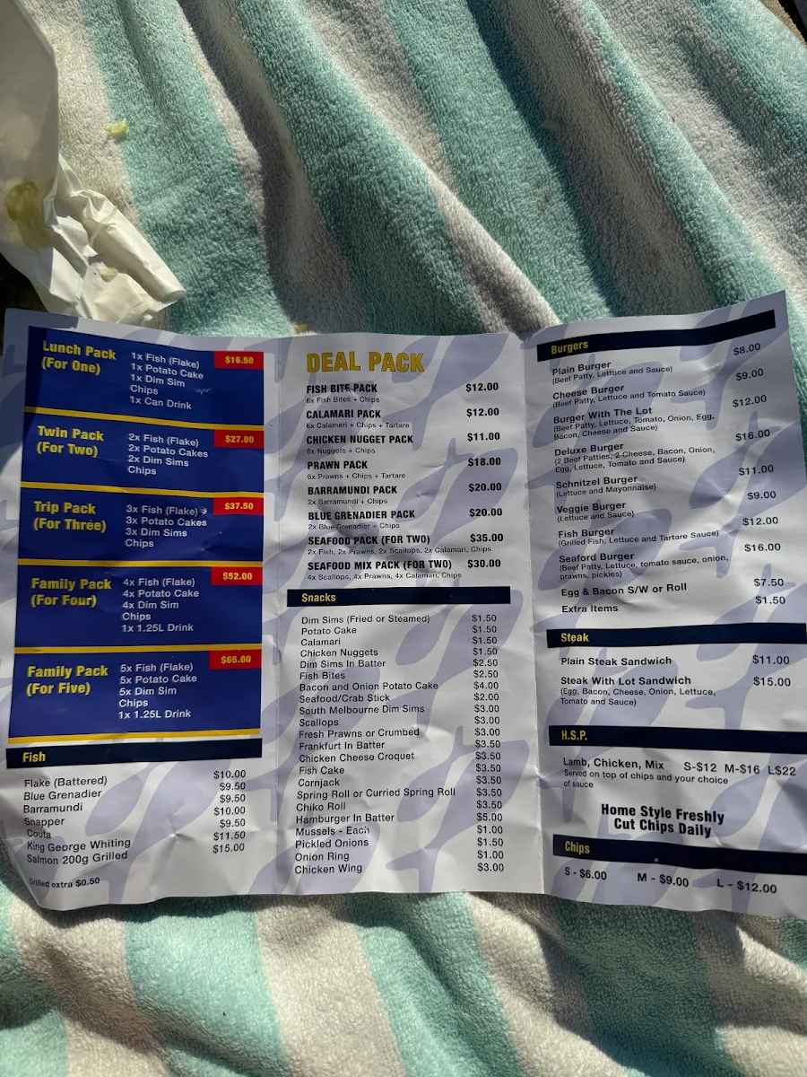 Menu, Seaford Fish & Chips