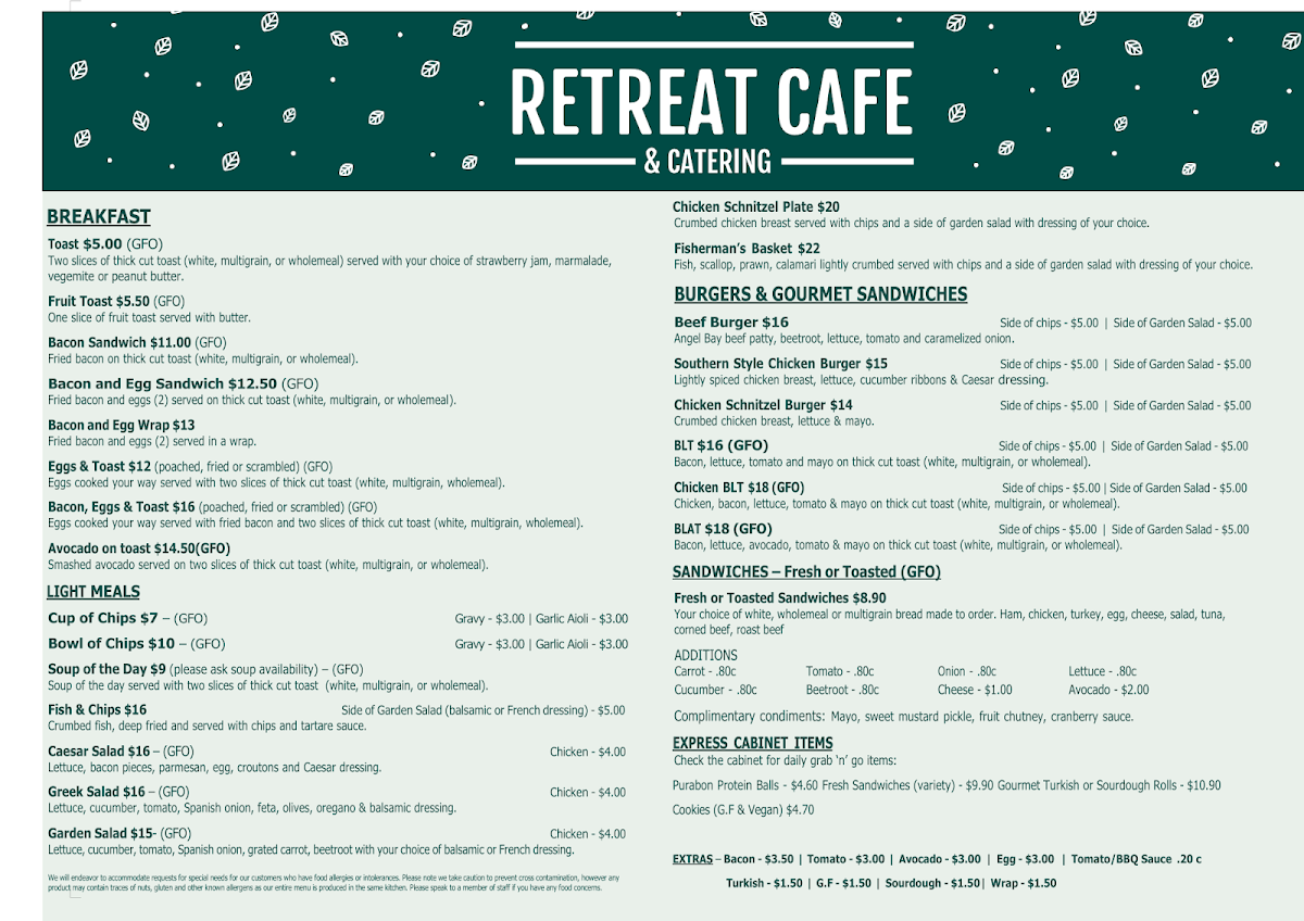 Menu, Retreat Cafe and Catering