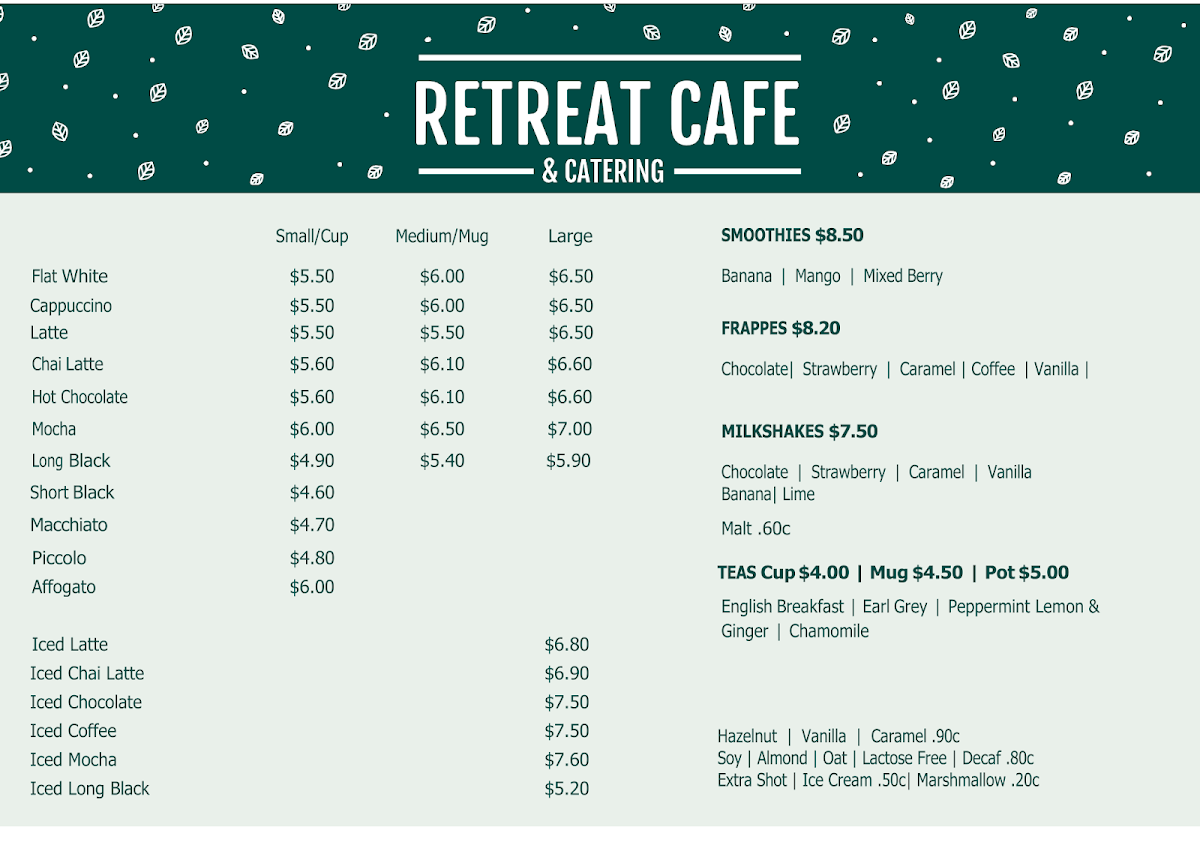 Menu, Retreat Cafe and Catering