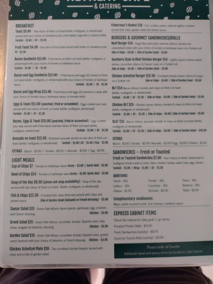 Menu, Retreat Cafe and Catering