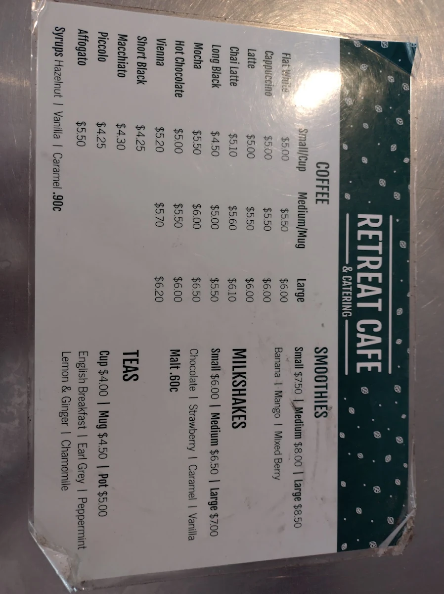 Menu, Retreat Cafe and Catering