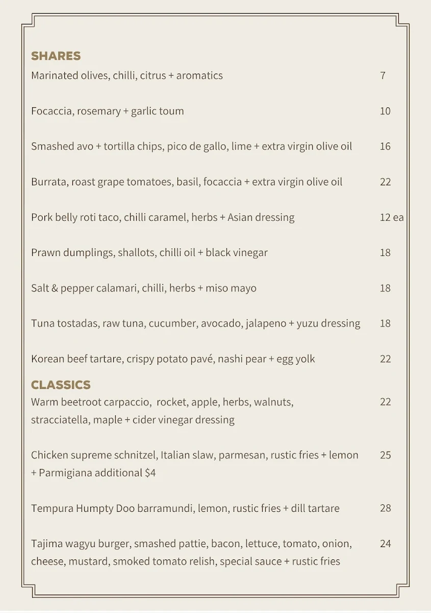 Menu, Station Hotel Parramatta