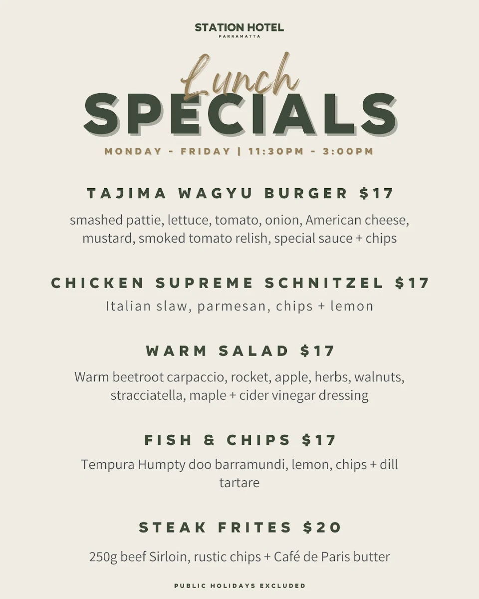 Menu, Station Hotel Parramatta