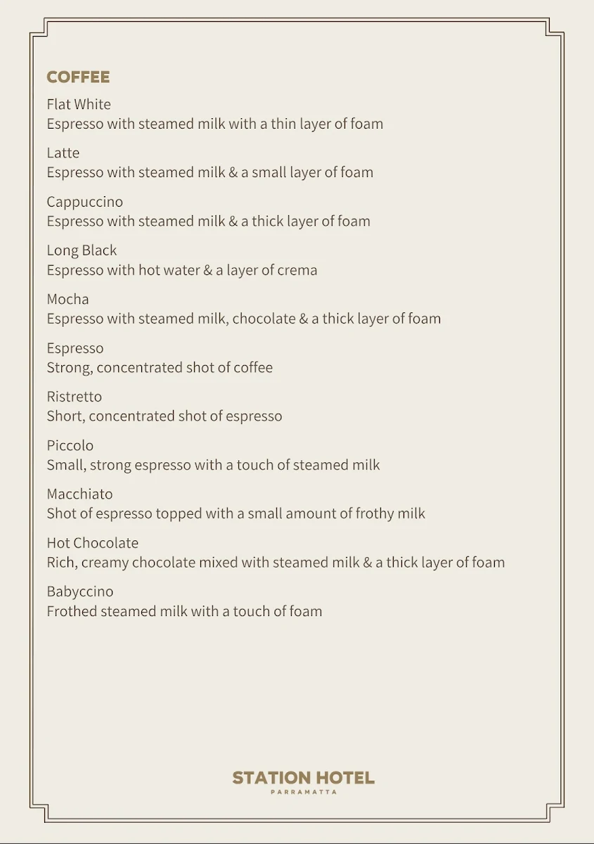 Menu, Station Hotel Parramatta