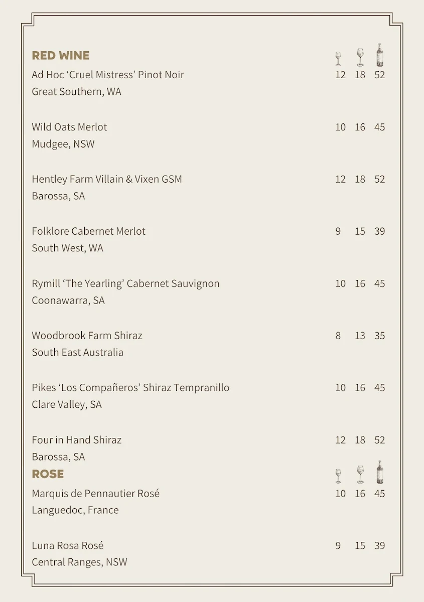 Menu, Station Hotel Parramatta
