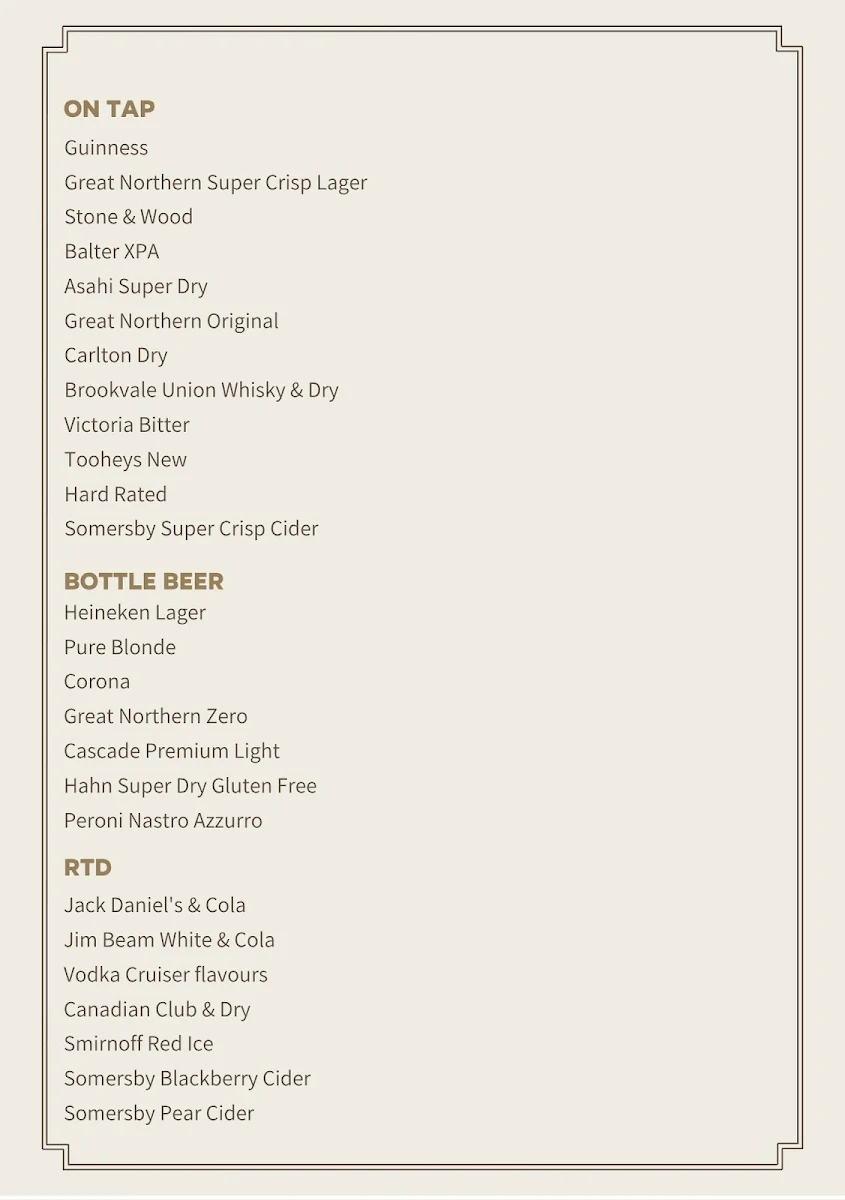 Menu, Station Hotel Parramatta