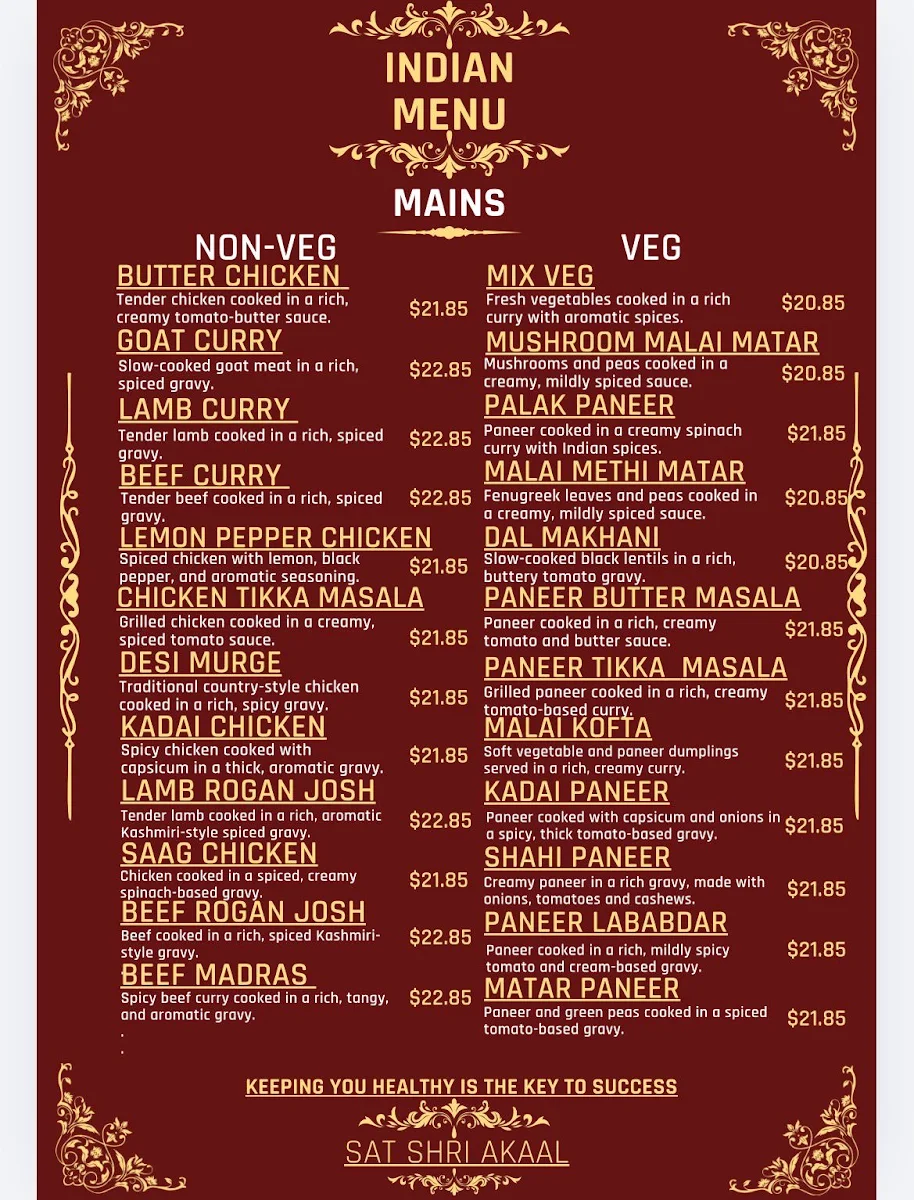 Menu, Malwa Fusion Junction